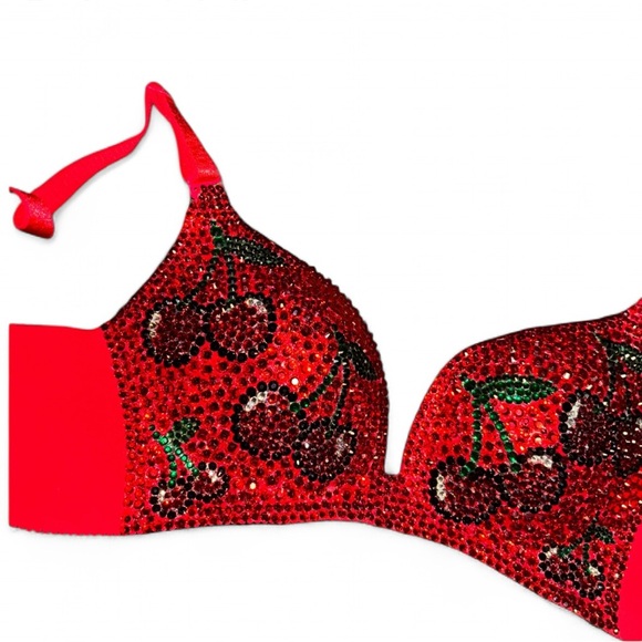 Cherry Theme Crystal Rhinestone Sparkly Classic Red Glam Bling Wireless Bra Top - Picture 8 of 15